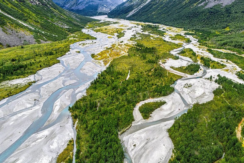 The widely branching arms of river Jostedalsola, Jostedal river, a glacial river originating in the Jostedalsbreen glacier, aerial view, Norway