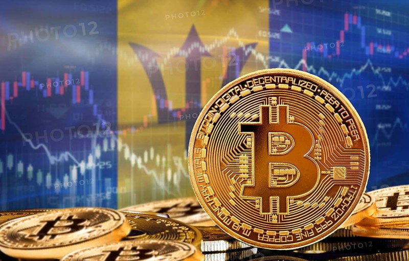 Investors in cryptocurrency and Blockchain Technology in Barbados, Concept. Bitcoin with Barbadian flag in the background