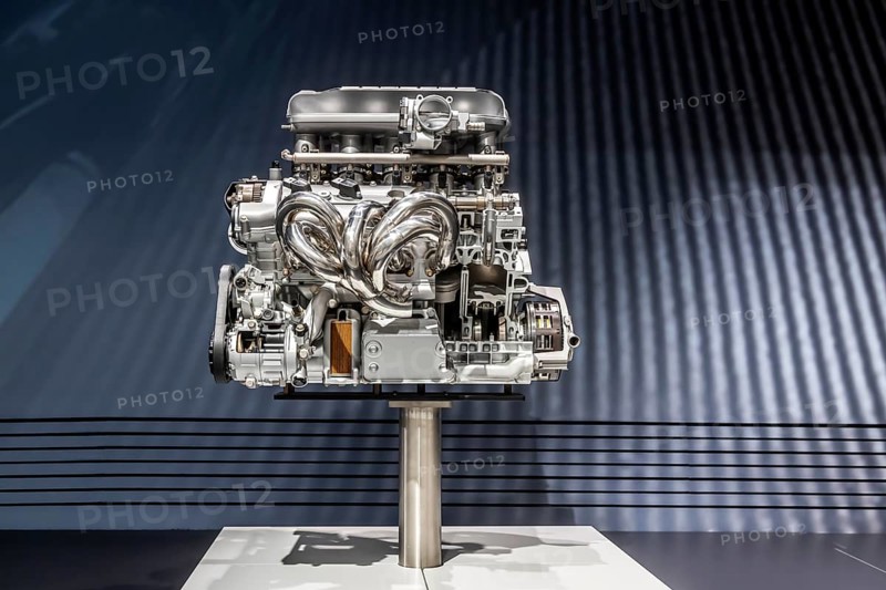 Porsche Museum Stuttgart-Zuffenhausen. Porsche M80 racing engine from 2003. Naturally aspirated engine for the Carrera GT super sports car with a capacity of 5.7 liters. The automotive museum of Dr. Ing. h.c. F. Porsche AG shows racing cars and iconic cars from automotive history. interior view. Stuttgart, Baden-Württemberg, Germany