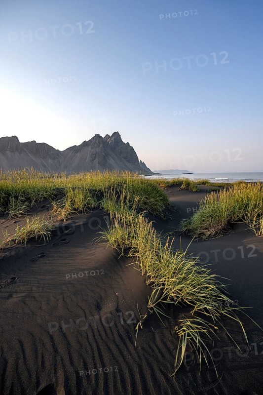 Black beach with volcanic sand, sandy beach, dunes with grass, Stokksnes headland, Klifatindur mountain range, Austurland, East Iceland, Iceland