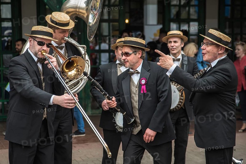 WROCLAW, POLAND - APRIL 15, 2018: The opening day of the season at Horse's Racecourse WTWK Partynice. Music band as one of the attraction