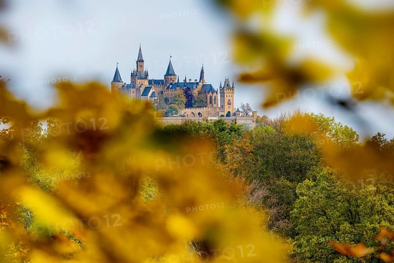 Castle and autumnal forest, Hohenzollern Castle, Hechingen, Swabian Jura, Baden-Württemberg, Germany