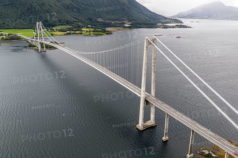 Suspension bridge Gjemnessundbrua, road E39, aerial view, Norway