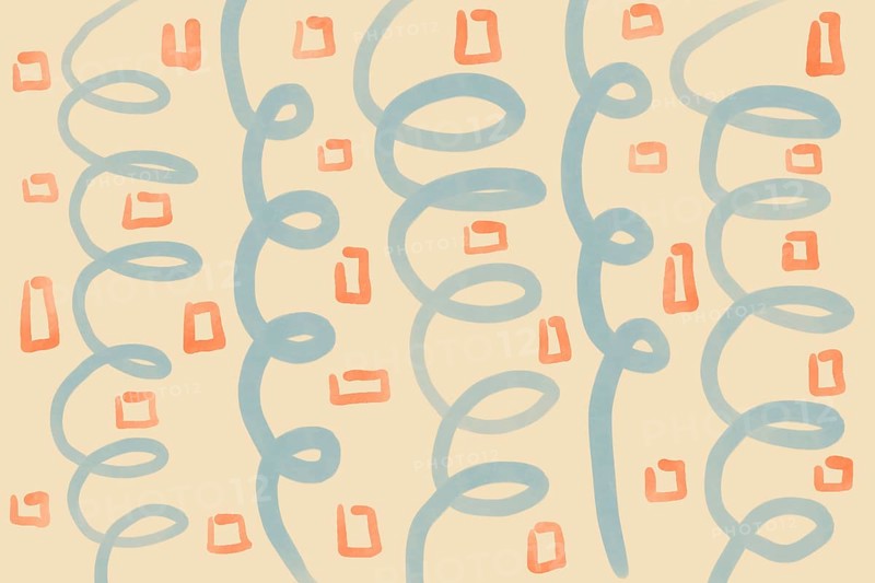 Organic pattern art featuring fluid blue swirls and abstract orange geometric shapes on a soft beige background. This playful minimalist design exudes a retro vibe