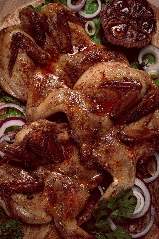 Fried, quail meat, tobacco (tapaka), with spices, homemade, no people