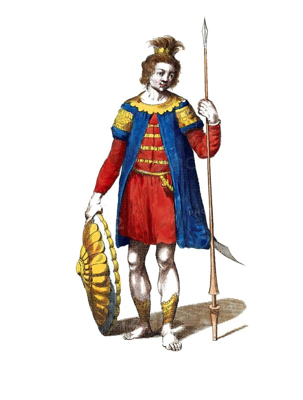 Historical clothing, fashion over the course of time, clothing of a Saxon in the year 447, digitally restored reproduction of a model from the 18th/19th century, exact date unknown, warrior in Roman clothing with lance and decorative shield