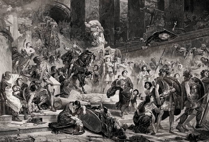 The sack of Rome in 410 by king Alaric I and the Visigoths