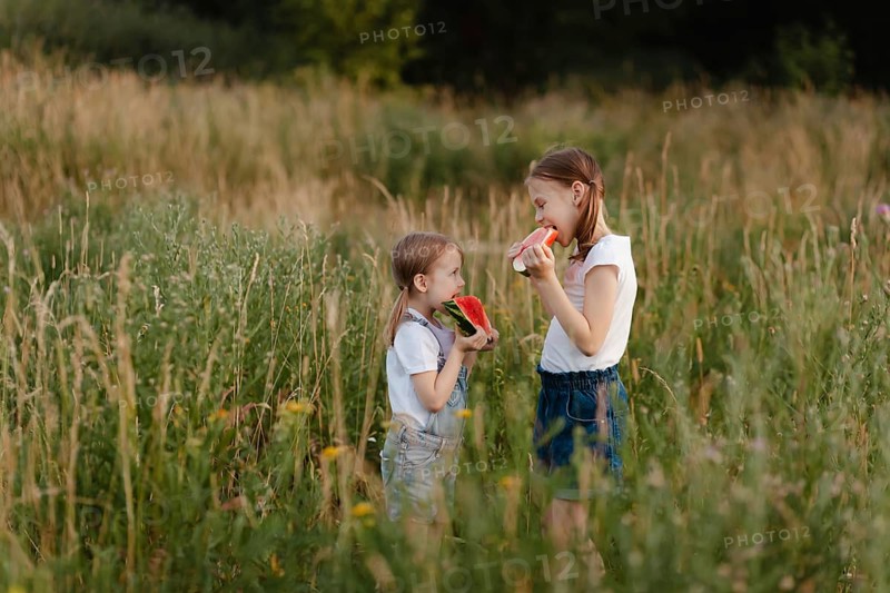 Two children happily enjoy juicy watermelon slices in a lush, sunlit field during summer. The scene captures the essence of carefree childhood moments in nature