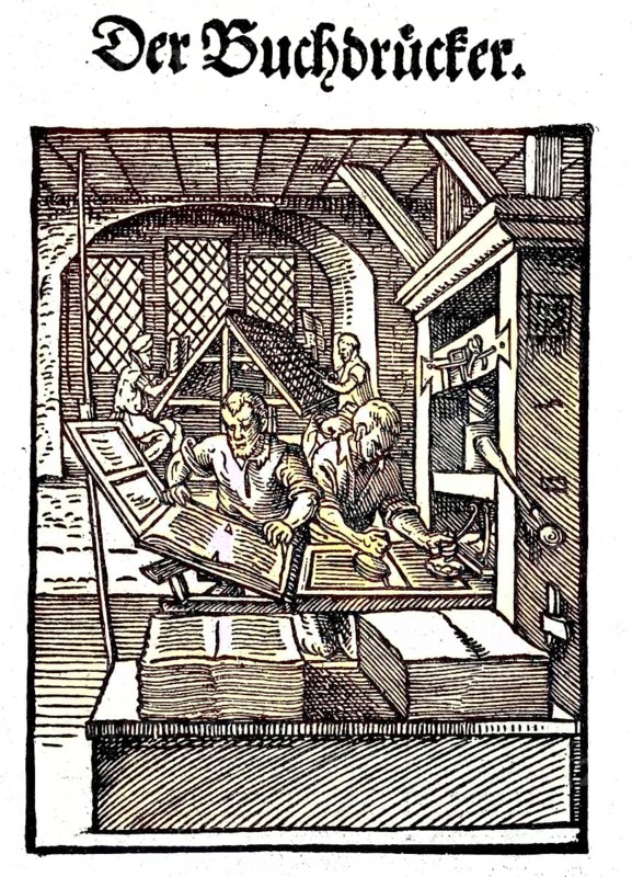 The title, Der Buchdrucker, the woodcut was created by Ammann, the verses are by Hans Sachs, digital reproduction of an original from the 19th century