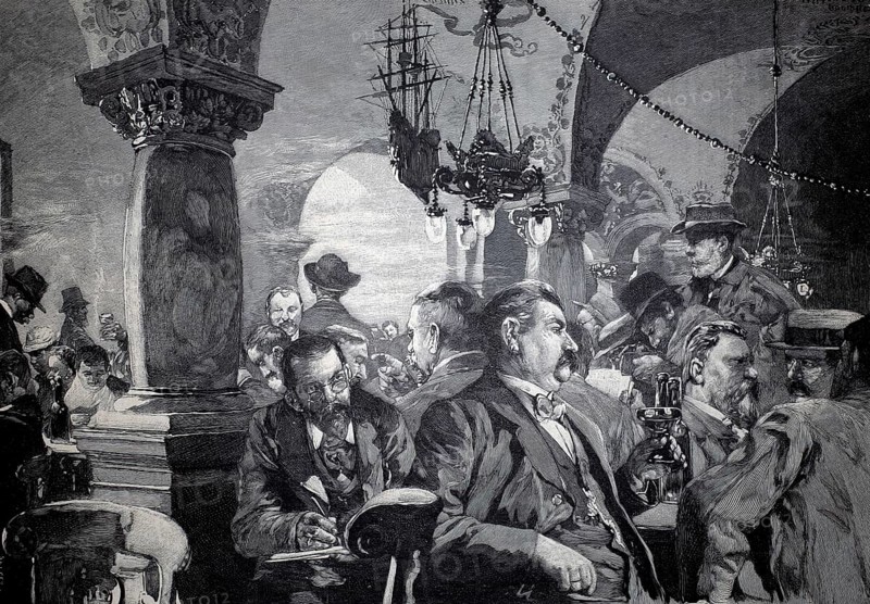 Performance of The Colourful Cow of Flanders in the Ratskeller in Hamburg, 1896, Germany. Gentlemen in formal dress are eating, drinking and writing in a lively interior, illustration, reproduction from a 19th-century model. Authentic, file restored for optimal use, exact date of submission unknown, historical, men sitting in an upscale parlor smoking. The atmosphere is bustling and dignified