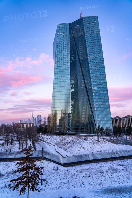 The skyline of Frankfurt am Main, skyscrapers of the banking district, building of the European Central Bank, ECB, wintry morning, Hesse, Germany