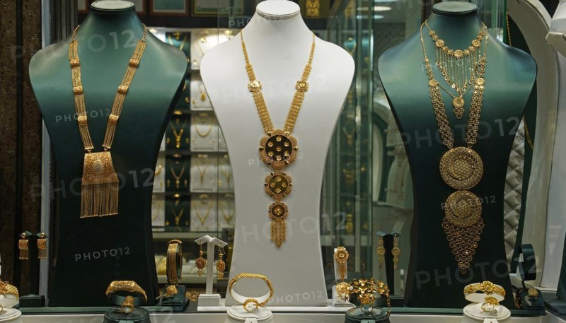 Saudi Arabia, Jeddah, Gold jewellery in a display, Gold Souk, Middle East
