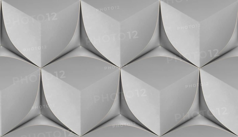 A modern 3D geometric design featuring symmetrical gray cubic and petal-like shapes, creating depth and texture. Ideal for abstract backgrounds or architectural concepts