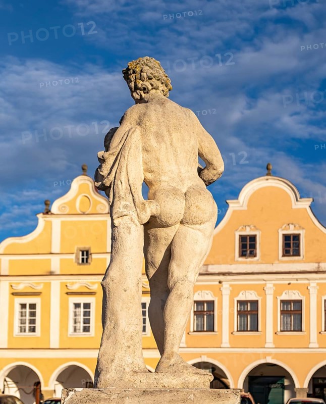 Upper Fountain with a statue of Silenus holding the infant Dionysus, Zachariáše z Hradce Square, Telc, Czech Republic