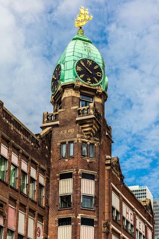 Hotel New York, historic art nouveau building on the Kop van Zuid, former headquarters of the Holland America Line, thousands of emigrants once left this place for North America, modern architecture in the city panorama, Rotterdam, Netherlands