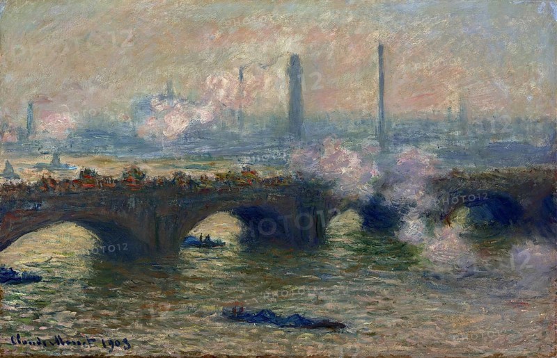 Claude Monet (b. 14 November 1840 in Paris as Oscar-Claude Monet, d. 5 December 1926) important French painter, Impressionist style. Here his work, Waterloo Bridge, Gray Day (1903), Waterloo Bridge on a grey day, London, Industrial depiction of a bridge with rising smoke. Dim, slightly diffused light