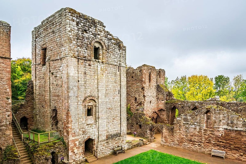 Autumn colors over Goodrich Castle, River Wye, Goodrich, Herefordshire, UK