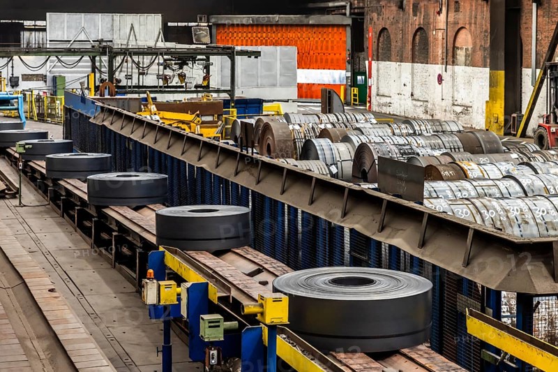 ThyssenKrupp hot rolling mill, removal of the produced coils on a panel belt, Hohenlimburg, Hagen, North Rhine-Westphalia, Germany