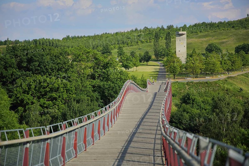 Drachenschwanzbrücke and view of observation tower, Neue Landschaft, Ronneburg, Vogtland, Thuringia, Germany