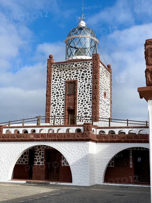 View of lighthouse Faro de la Entallada from 50s year 1953 1954 with large glass dome, Las Playitas, Tuineje, Las Palmas, Fuerteventura, Canary Islands, Spain