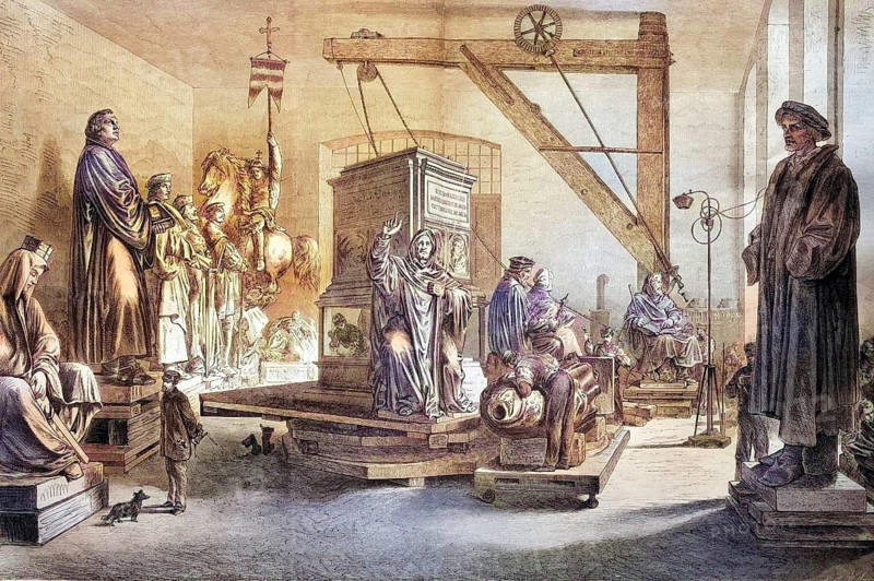 The Luther monument in the chasing room of the Kunstgiesserei Lauchhammer, Germany, coloured wood engraving, reproduction from a model from ca 1888, Historical, A workshop full of sculptures and craftsmen in historical dress working on statues