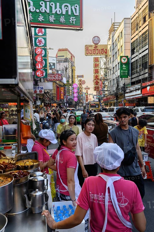 Bangkok, Thailand. February 18th 2025. Street food restaurants along a busy Yaowarat Road, Chinatown, Bangkok, Thailand