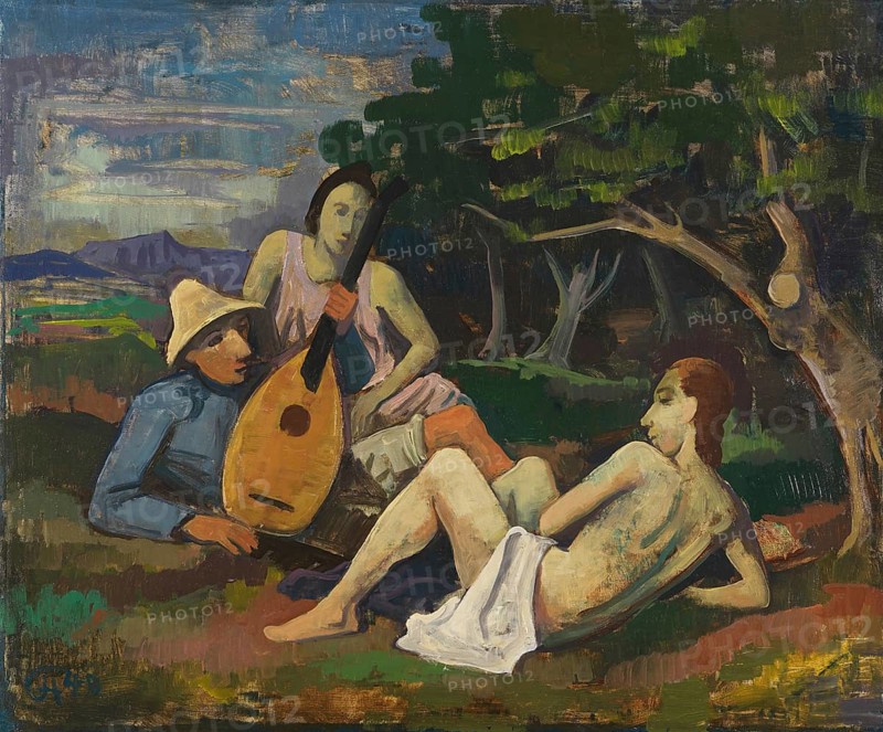 Karl Christian Ludwig Hofer, also Carl Hofer (born 11 October 1878, died 3 April 1955), German painter of Expressionism and Expressive Realism. Here his work Zwei Frauen mit einem Lautenspieler, Two Women with a Lute Player (1940), Painting, Reproduction of the painting, Original condition, Work of art, Historical, Three people relaxing with a lute in a summery, pastoral scene, Three people in a rural setting, playing a musical instrument under trees