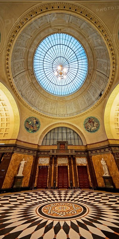 Foyer with glass dome in the spa hotel and Casino in the evening, Wiesbaden, Hesse, Germany