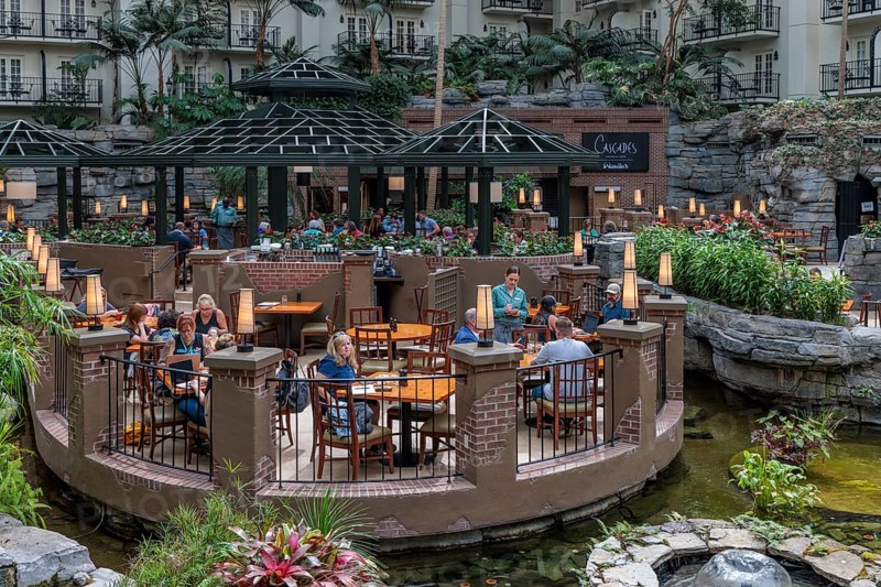 Guests dining at the Cascades American Cafe inside Gaylord Opryland Resort and Convention Center in Nashville, Tennessee