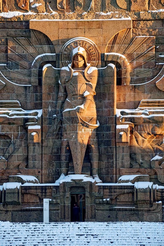 St Michael, Völkerschlachtdenkmal on a winter's day with snow, Leipzig, Saxony, Germany
