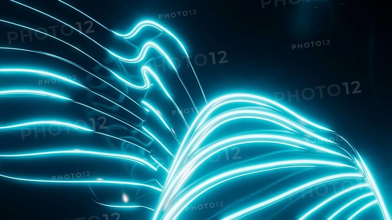 Vibrant neon lines create an abstract pattern against a deep, dark backdrop. The glowing curves and bright streaks add a futuristic and dynamic feel to the composition