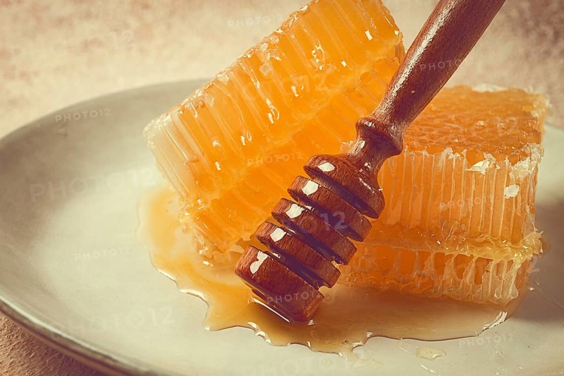 Honeycomb, with a wooden spoon-spindle, on a plate, no people