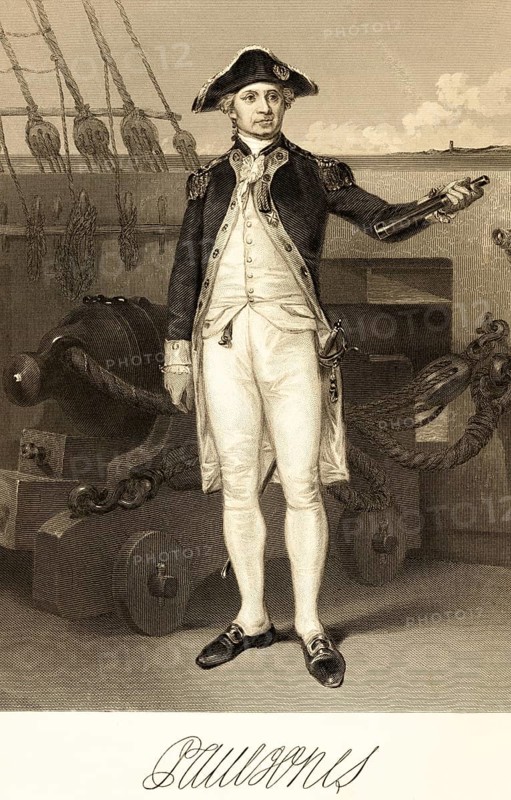 Paul Jones (1747-1792) Admiral, considered the father of the American Navy, officer, warship, cannon, uniform, binoculars, tricorn hat, takellage, portrait of famous Americans, signature, artist Alonzo Chappel, steel engraving, historical illustration 1862