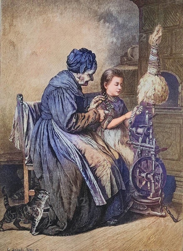 Lessons in spinning, grandmother showing a girl how to operate the spinning wheel, at home, farm, around 1885, Historical, digitally restored reproduction from a 19th century original, Lessons in spinning, grandmother showing a girl how to operate the spinning wheel, at home, farm, around 1885, Historical, digitally restored reproduction from a 19th century original