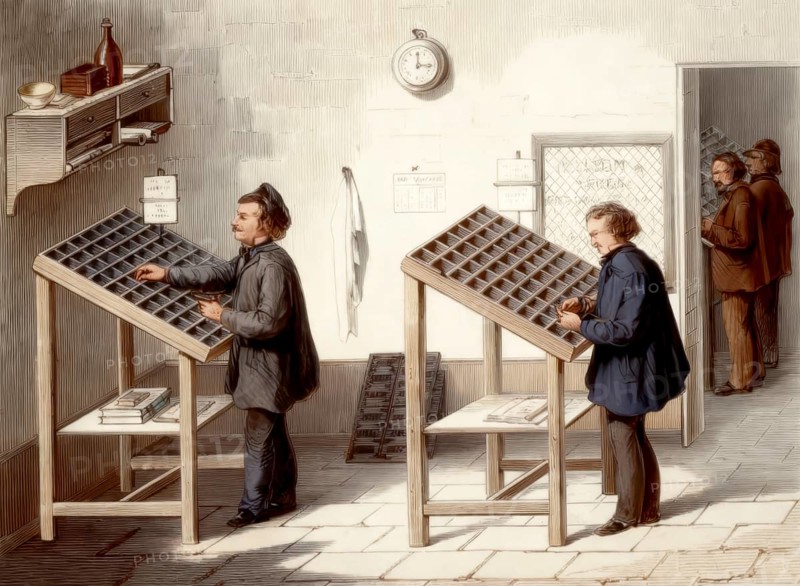 Manual typesetting letter-by-letter, 19th century