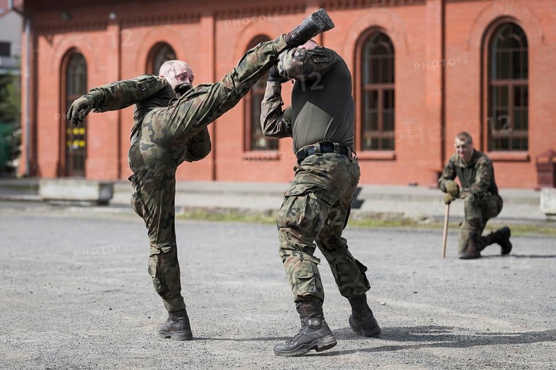 LEGNICA, POLAND, APRIL 26, 2023: Military picnic as part of the Cyber Mil Academy program. Hand to hand martial arts show of soldiers