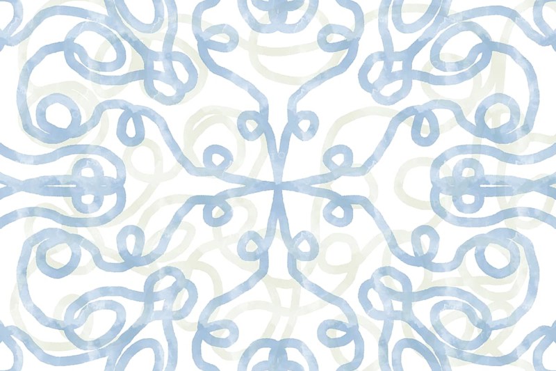 An abstract pattern featuring swirling blue and gray lines with a symmetrical design on a white background. Perfect for backgrounds, textiles, and graphic design projects