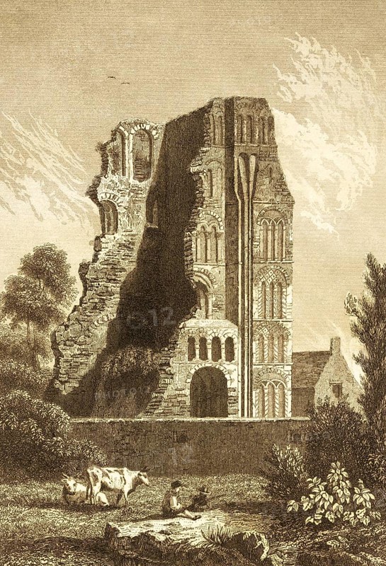 Abbey ruins of St. Augustine's Abbey, Benedictine monastery, abbey, village idyll, cattle grazing, people, trees, bushes, nature, wall, Canterbury, county of Kent, Norman period, England, Great Britain, steel engraving, historical illustration 1842