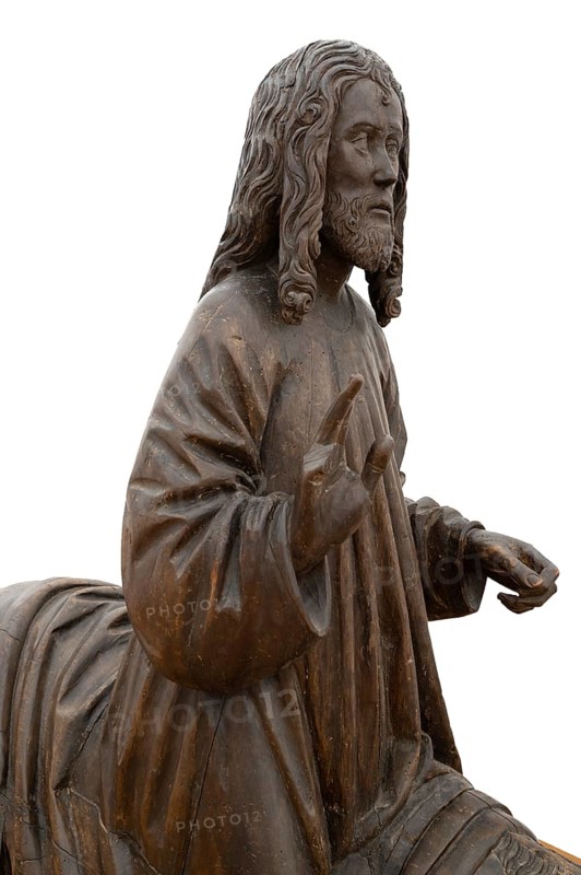 Christ on the Palmesel, c. 1500, detail, on white ground, Zeppelin Museum, Friedrichshafen, Baden-Württemberg, Germany