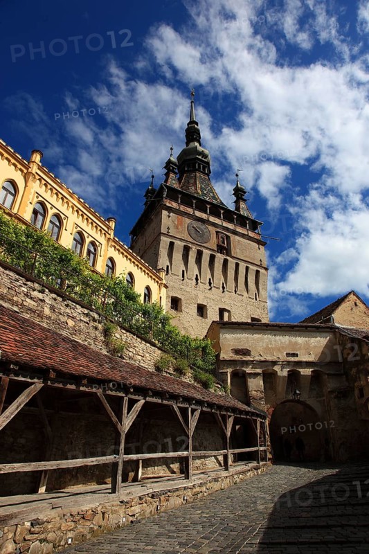 Romania, hour tower in the historic old town of Sighisoara, German Sighisoara, town in Mures district in Transylvania, UNESCO World Heritage Site