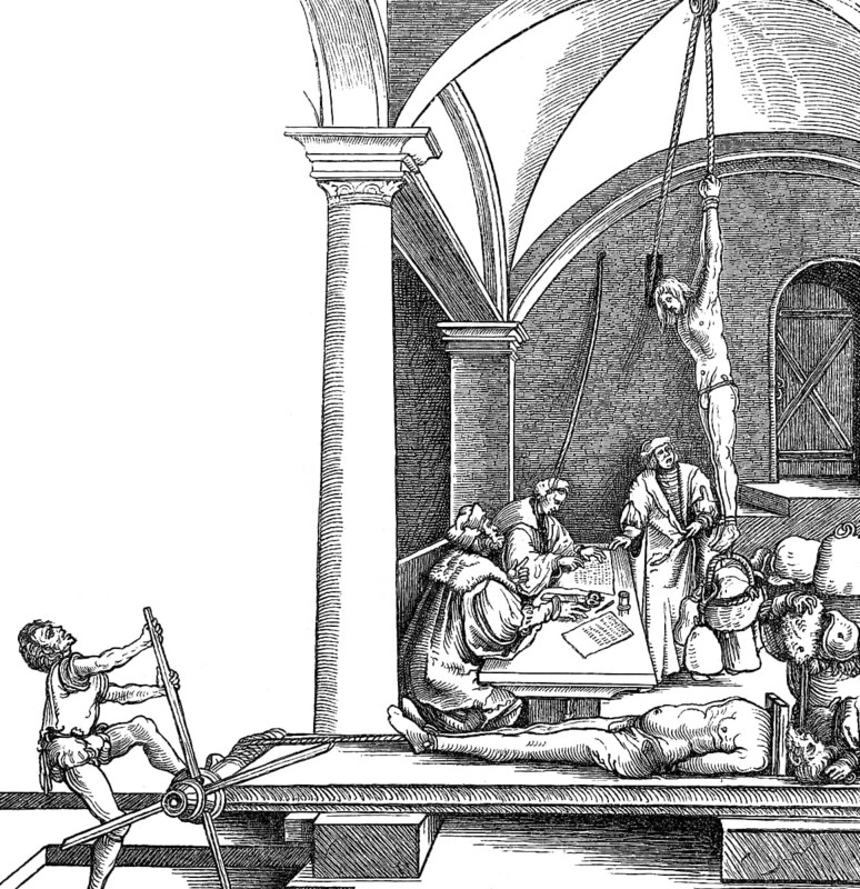 Court hearing and waterboarding torture, 16th century, Germany