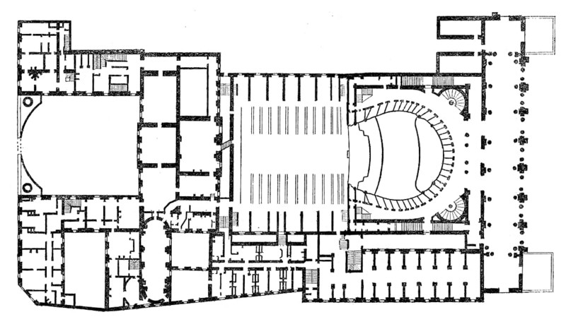 Architectural drawing, the old Paris Opera, Académie Royale de Musique, Salle Le Peletier, Paris, France, 19th century
