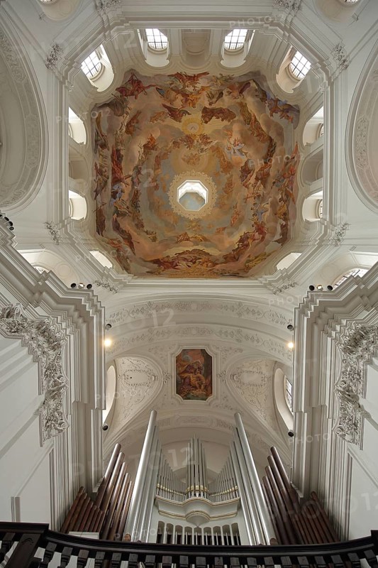 Ceiling fresco and organ in the baroque Neumünster Church, Neumünster Church, decorations, interior view, view upwards, perspective, Würzburg, Lower Franconia, Franconia, Bavaria, Germany