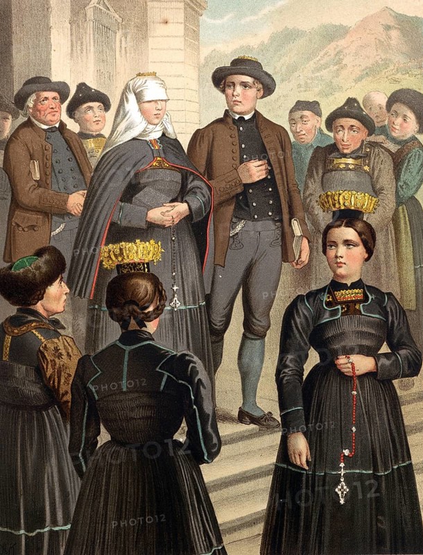 Traditional costumes in Germany around 1820, Vorarlberg, Bregenzerwald, people in traditional costumes at a religious ceremony in front of a church, digitally retouched reproduction of a model from around 1850, by Albert Kretschmer (27 February 1825, 11 July 1891), German painter and traditional costume expert