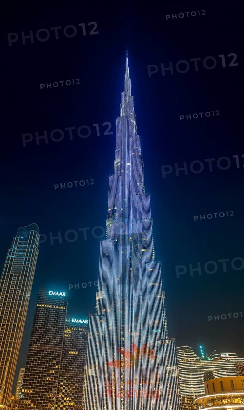 Night shot, illuminated advertising at the Burj Khalifa, Downtown, Dubai, United Arab Emirates