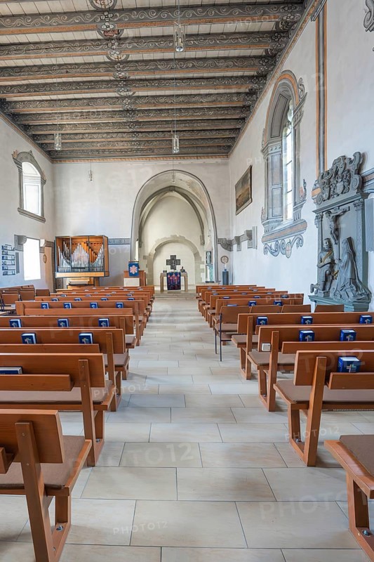 Straight view through the nave with altar and benches, Deufringen, Aidlingen, Böblingen district, Germany