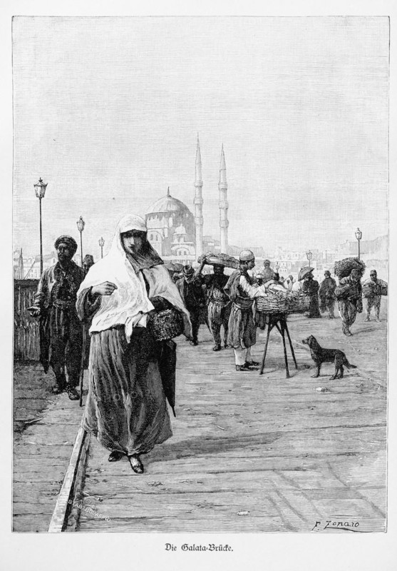 Galata Bridge over the Golden Horn, Constantinople, Istanbul, many people, maschee, seller, Turkey, historical illustration 1890