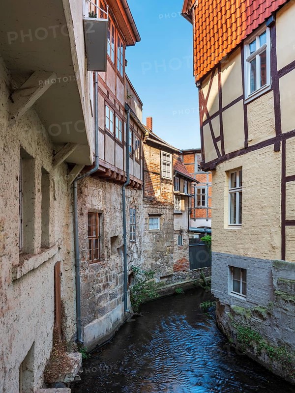 Half-timbered houses on Mühlgraben in the historic old town, UNESCO World Heritage Site, Quedlinburg, Saxony-Anhalt, Germany