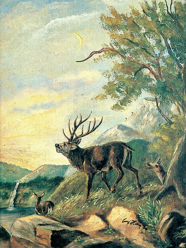 Evening in the Mountains with a Stag, Painting by Adolf Hitler (1889-1945), Historical, digitally restored reproduction from a 20th century original, public domain, Record date not stated