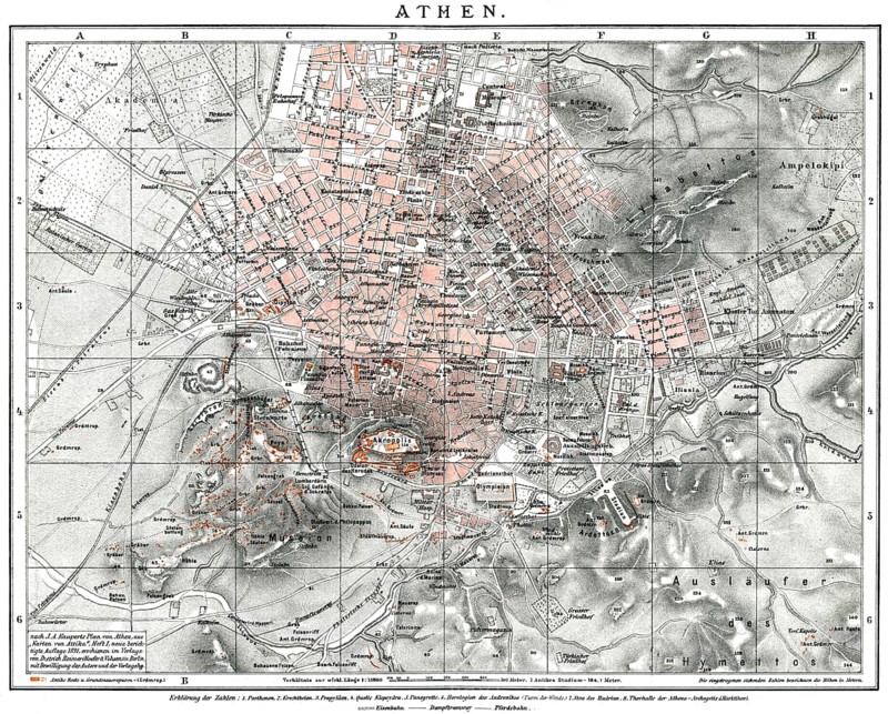 Historical map of Athens, 19th century, 1894, Greece, Europe, Historischer Stadtplan von Athen im 19. Jahrhundert, Griechenland, 1894